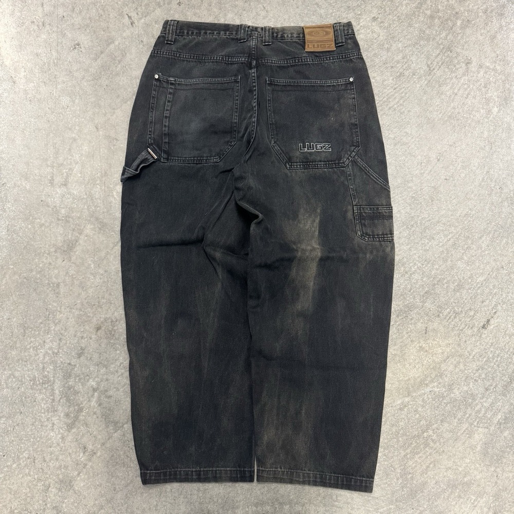 Vintage Y2K Lugz Baggy Black Denim Jeans Distressed Sunfaded Patina 36x30